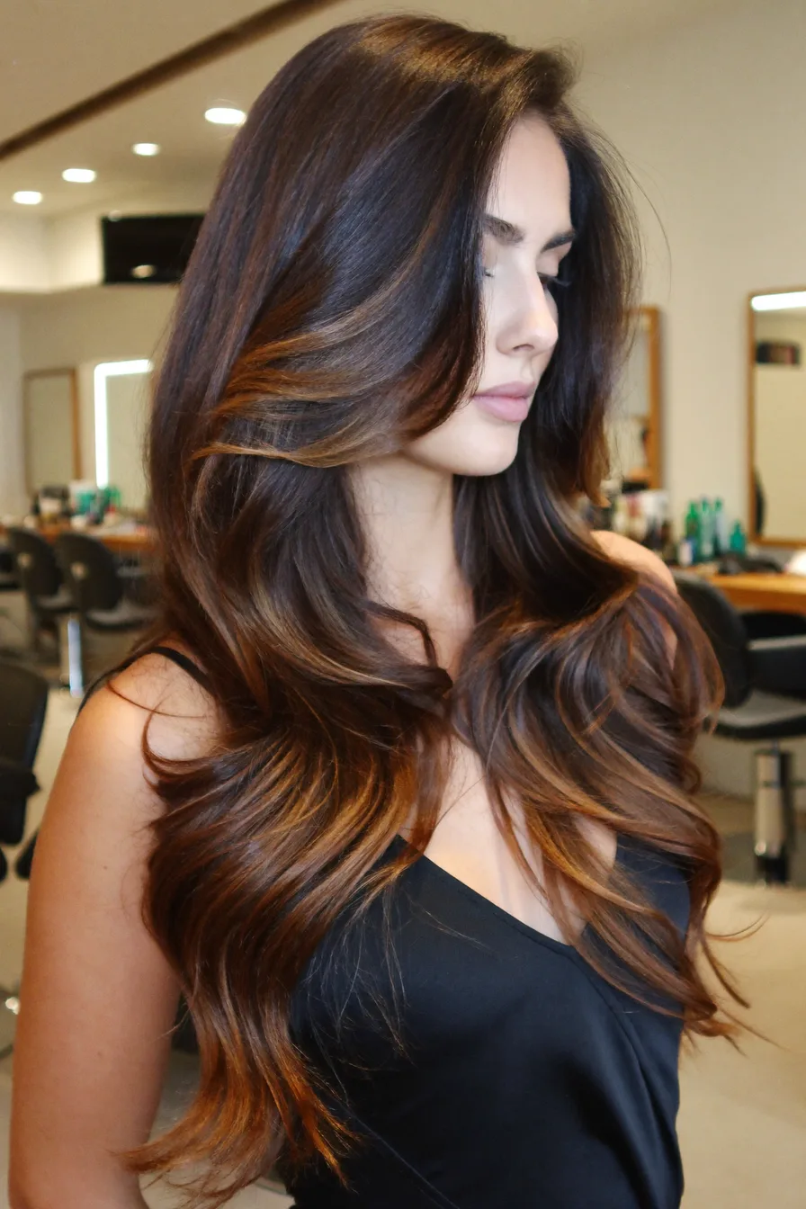 Long Layered Hair with Caramel Balayage and Side-Swept Bangs