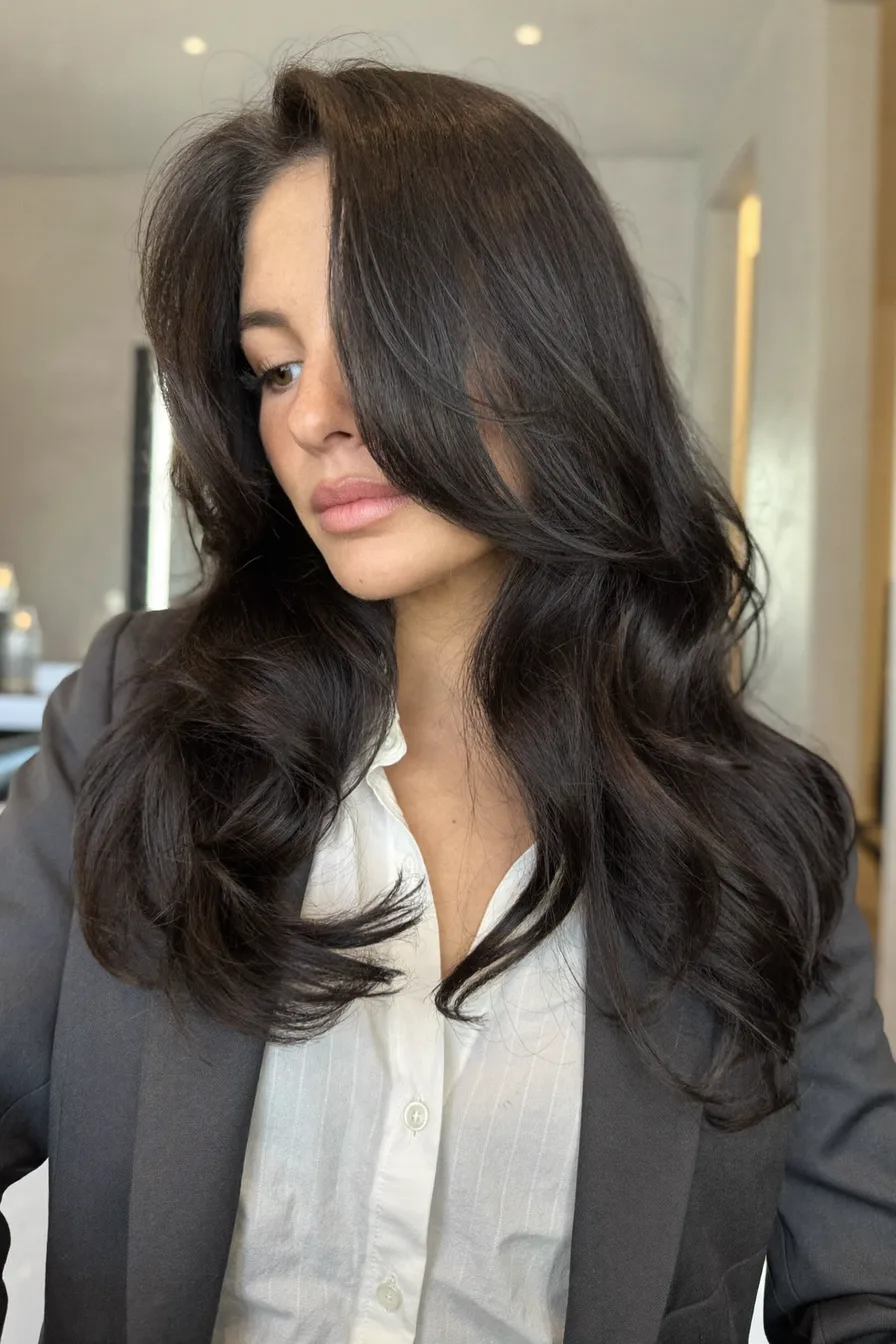 Voluminous Layered Long Hairstyle with Side-Swept Bangs