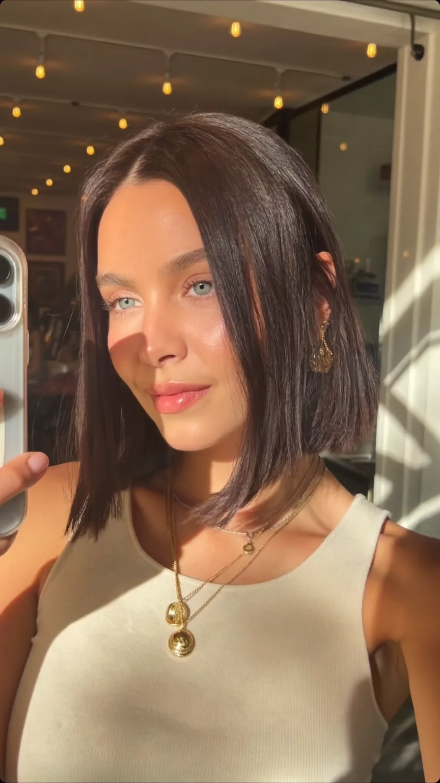 Chin-Length Rich Espresso Brown Blunt Bob with Curtain Bangs
