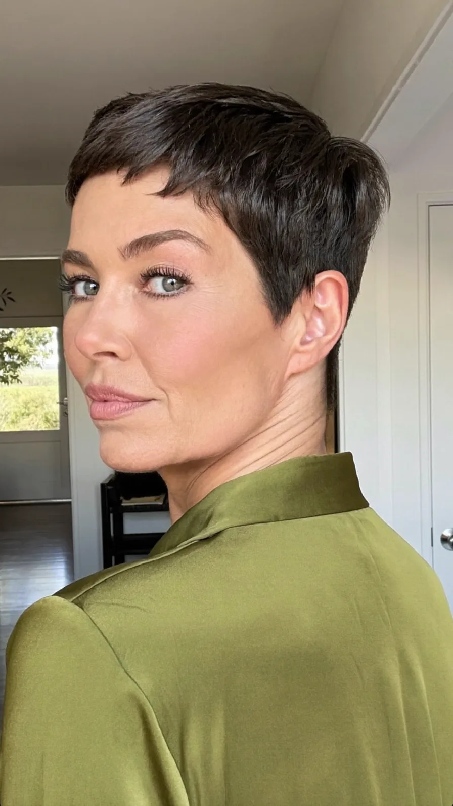 Textured Dark Brown Pixie Cut with Micro Bangs