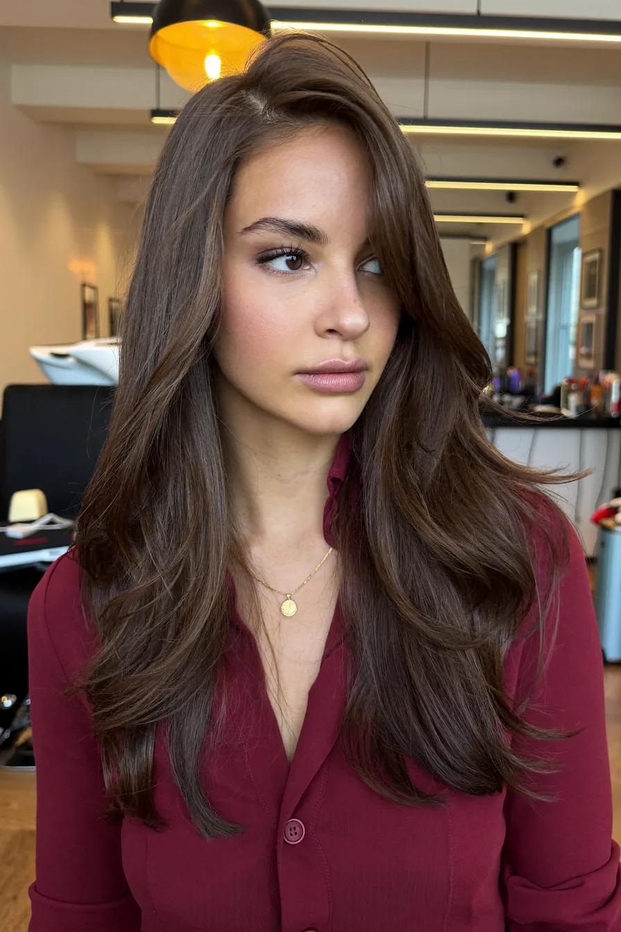 Classic Long Layered Cut with Voluminous Side-Swept Bangs for Shine