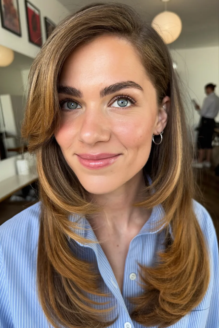Polished Long Layered Cut with Voluminous Side-Swept Bangs