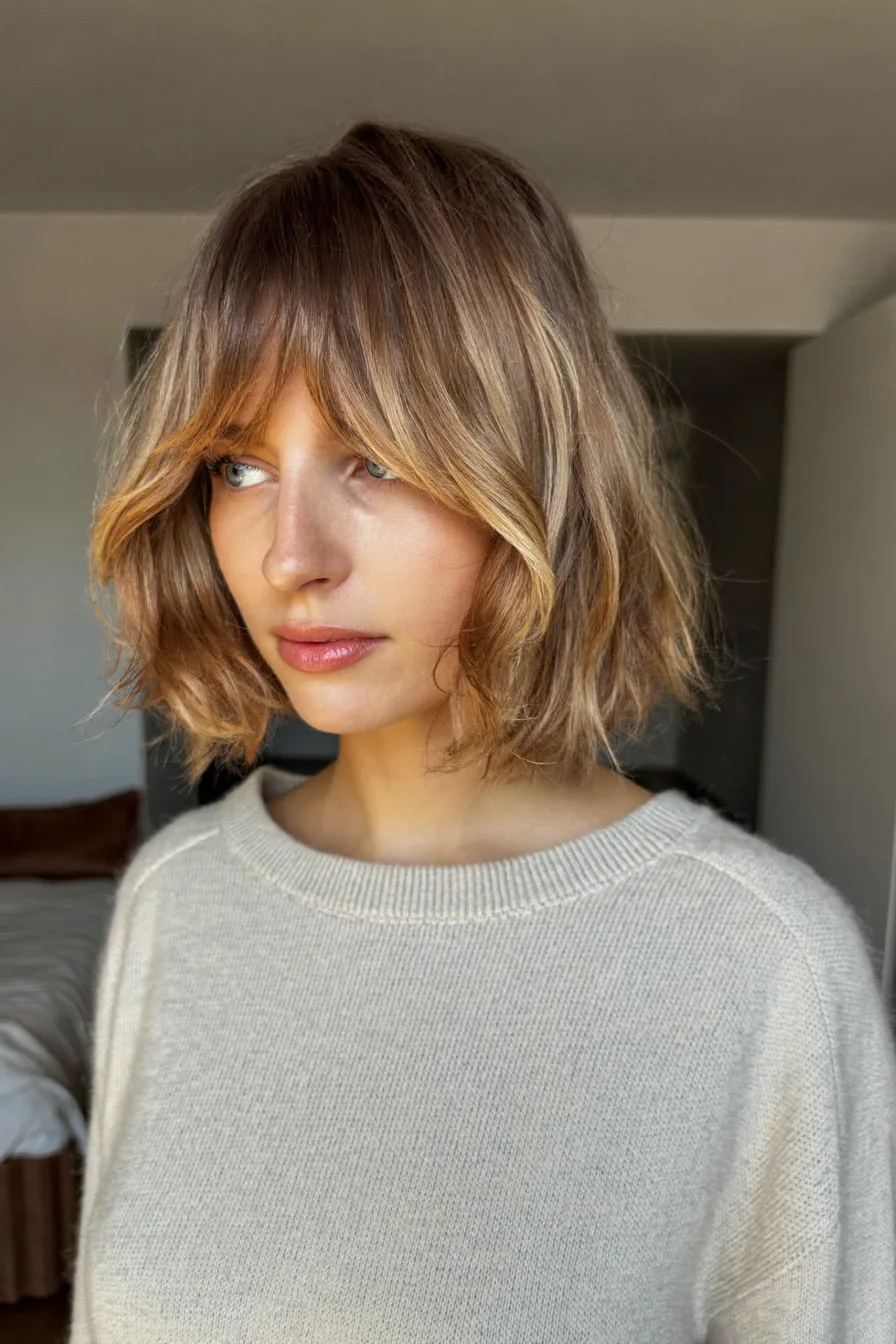 Effortless Fall-Inspired Short Haircut with Tousled Bangs and Texture