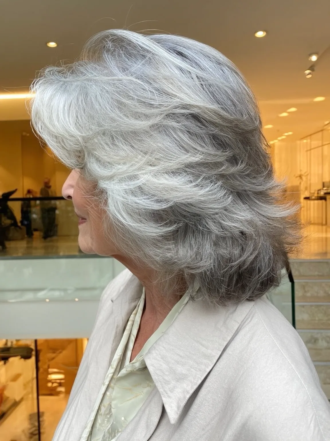 Medium-Length Voluminous Silver Frost Feathered Waves