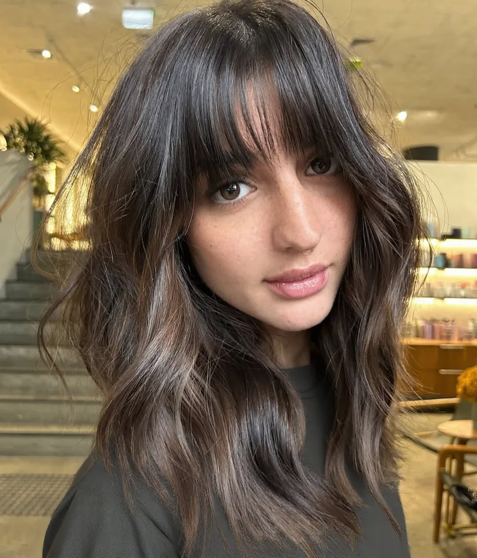 Medium Wavy Layers with Chocolate Brown and Wispy Bangs
