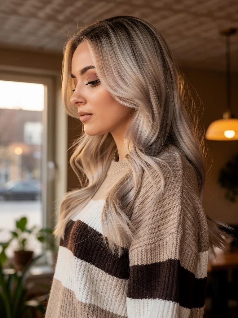 Long Voluminous Layers with Silver Blonde Balayage