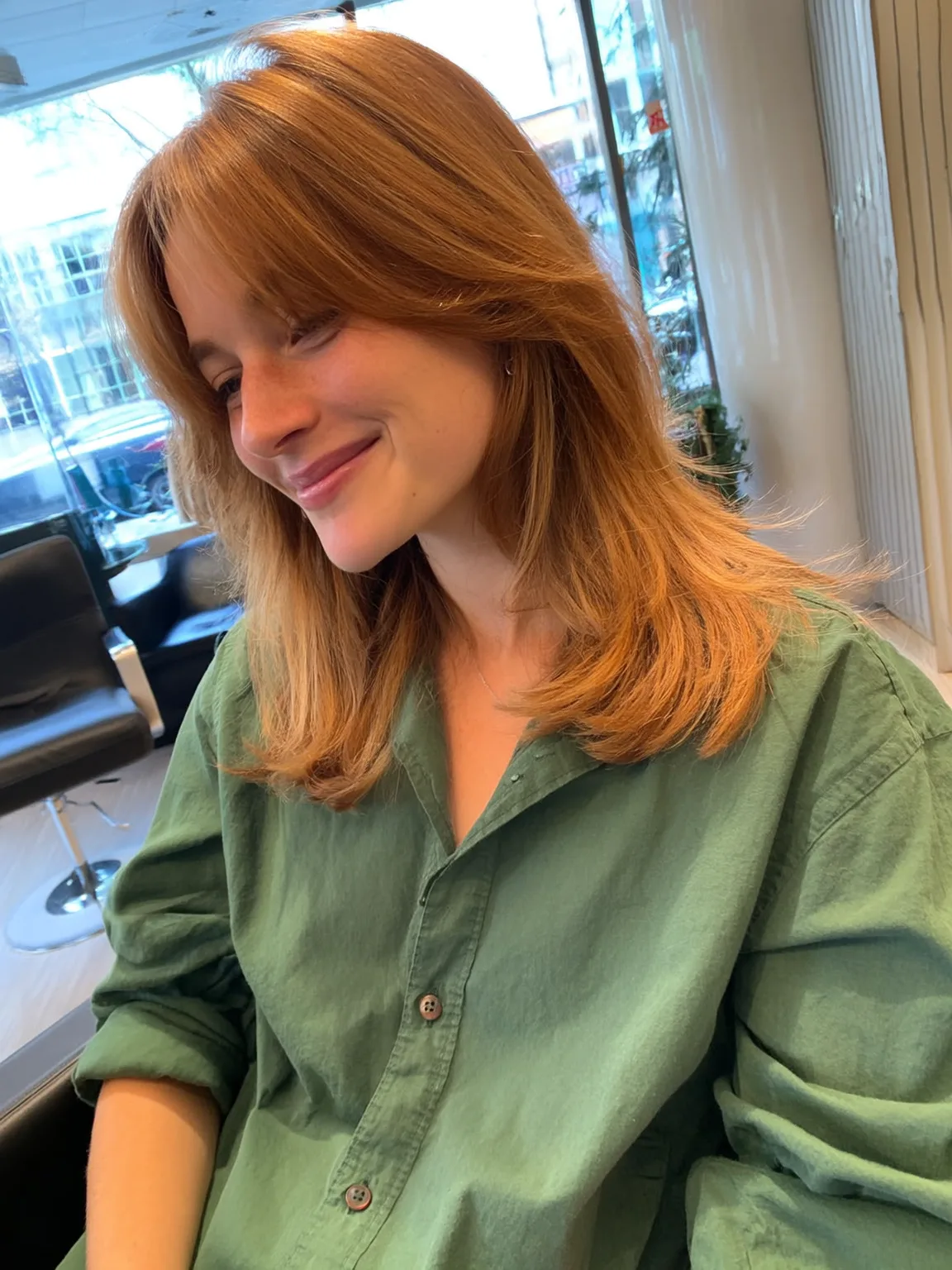 Straight Medium Layers in Warm Caramel Brown with Curtain Bangs