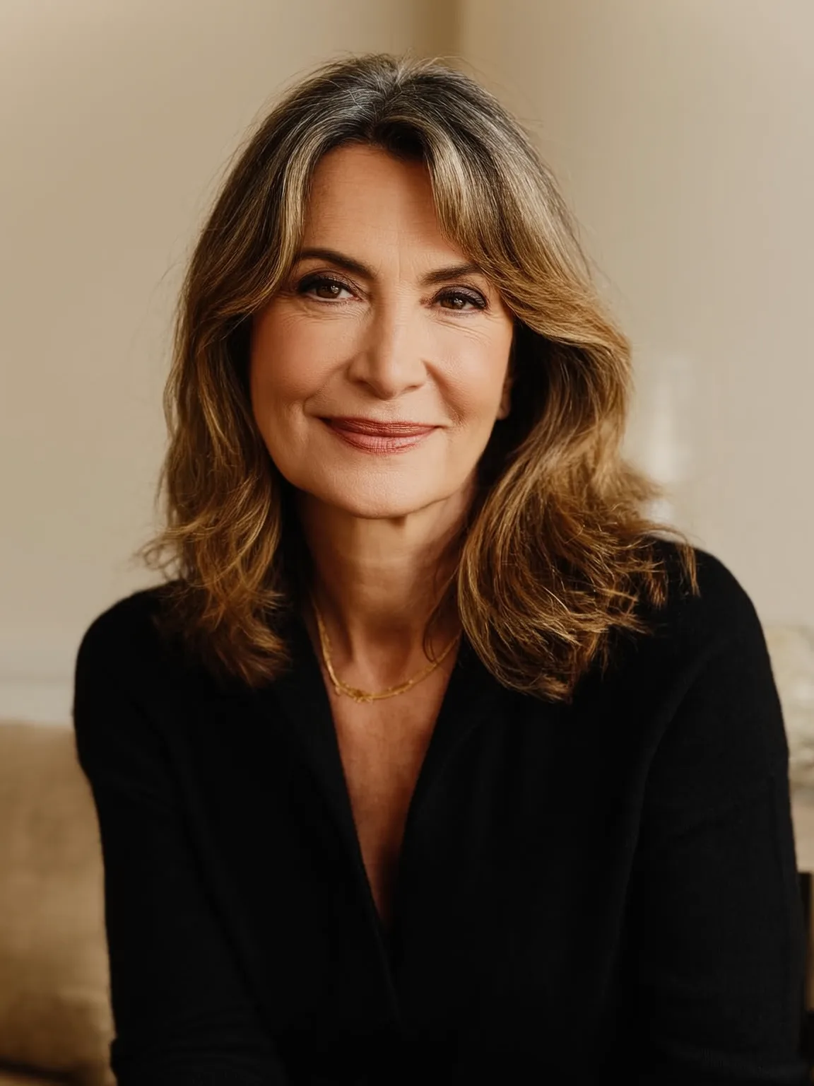 Shoulder-Length Lob with Warm Caramel Highlights