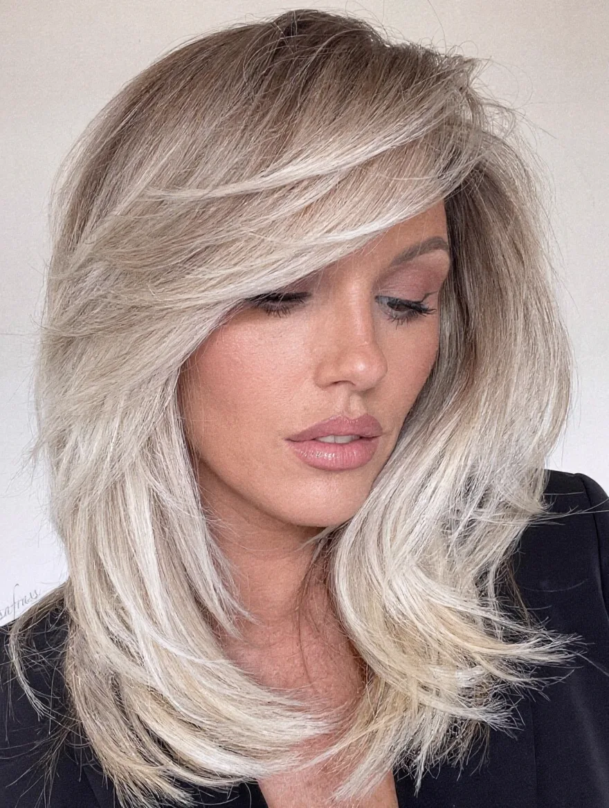 Silver Blonde Layered Waves with Dark Root Contrast
