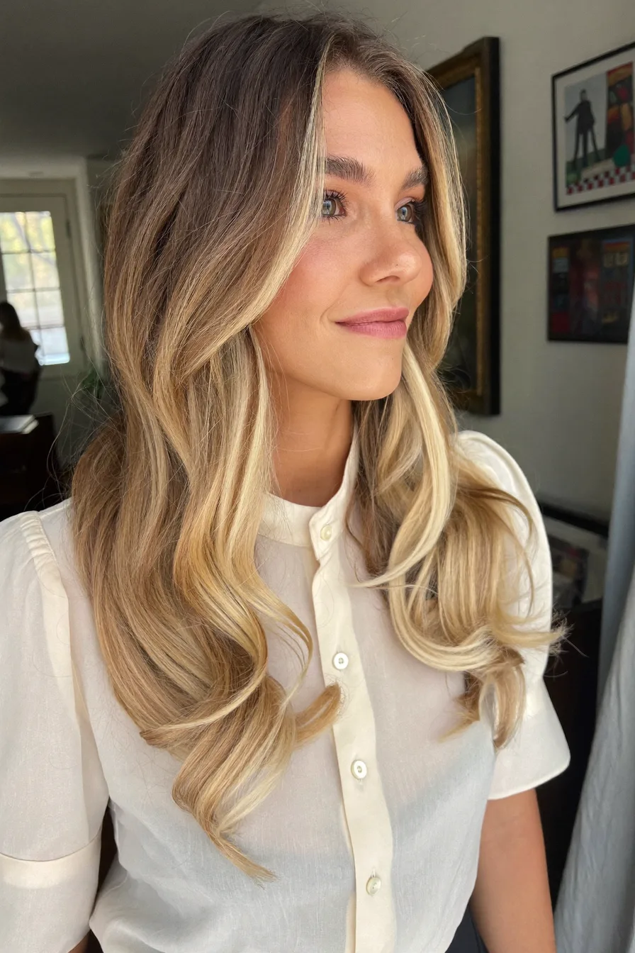 Face-Framing Balayage Blonde Long Layered Hair With Soft Waves