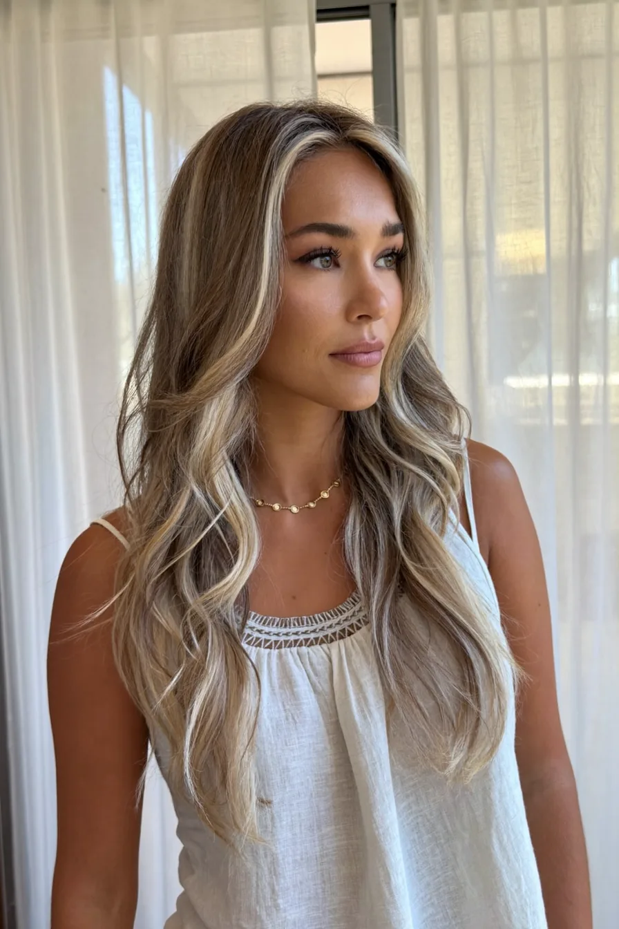 Dimensional Balayage Blonde Long Layered Cut with Face-Framing Highlights