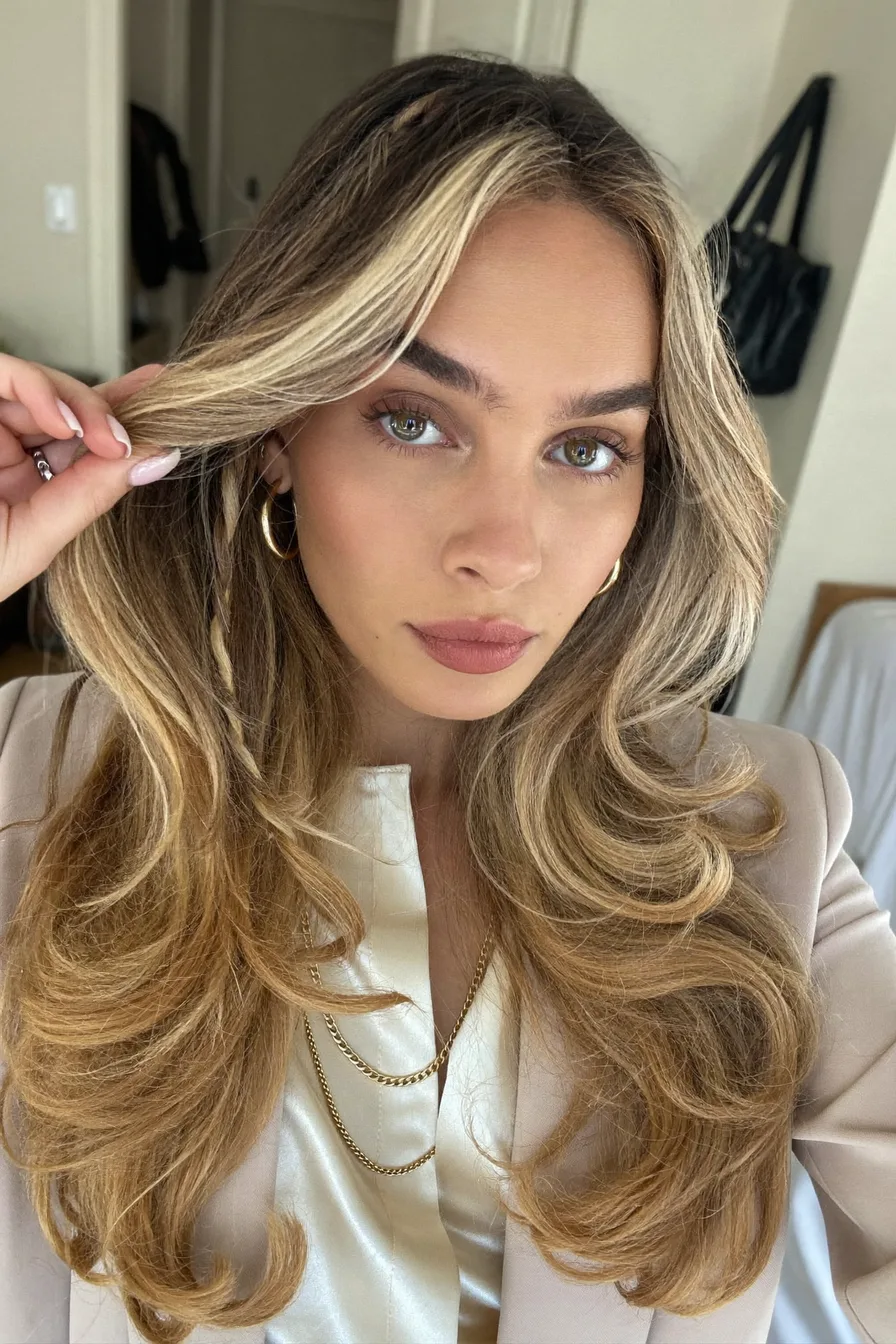 Voluminous Balayage Blonde Long Layered Hair with Face-Framing Highlights