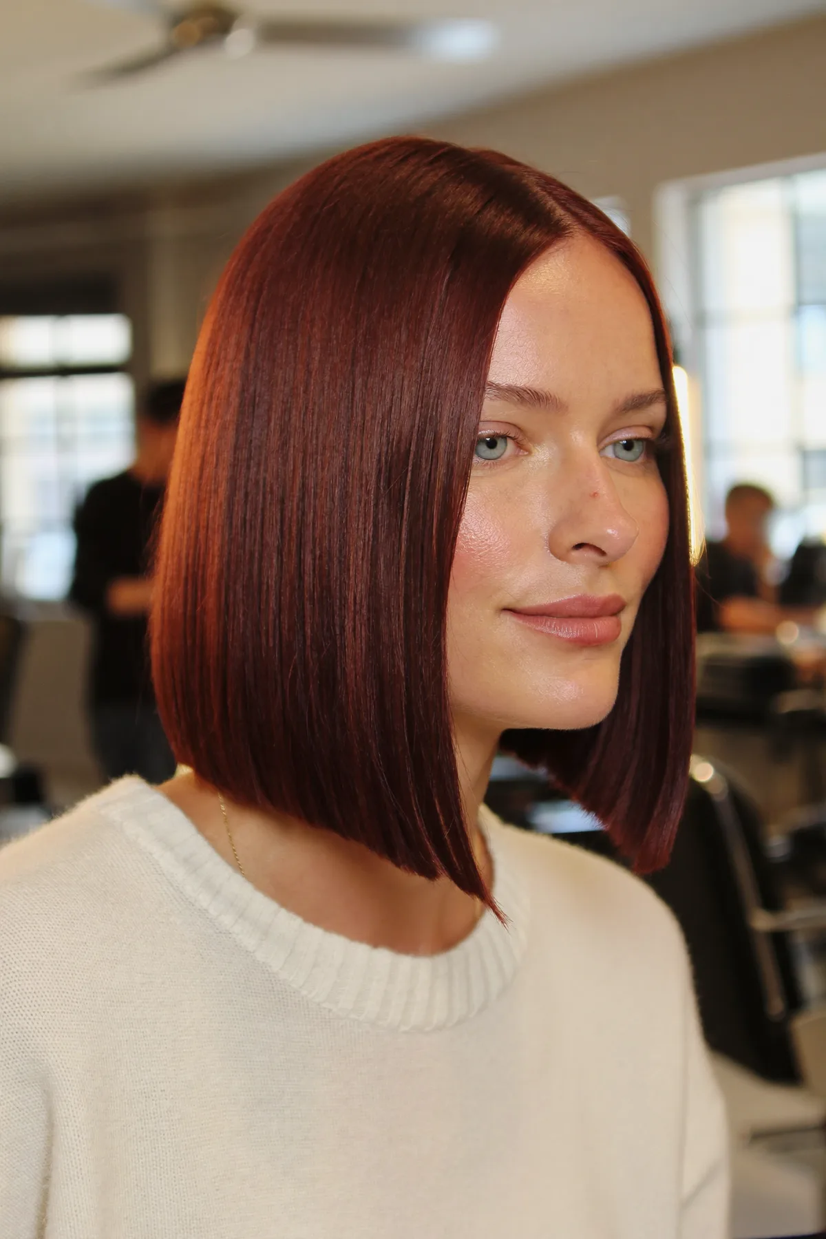 Sleek Straight Auburn Copper Chin-Length Bob With Solid Color Finish