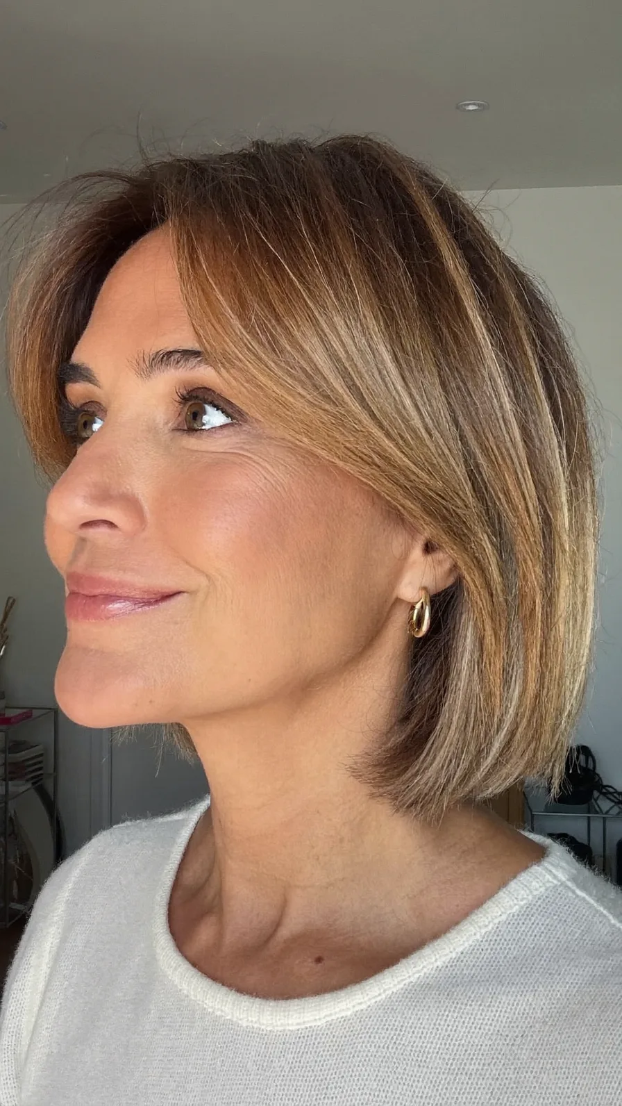 Chin-Length Warm Caramel Brown Bob with Curtain Bangs