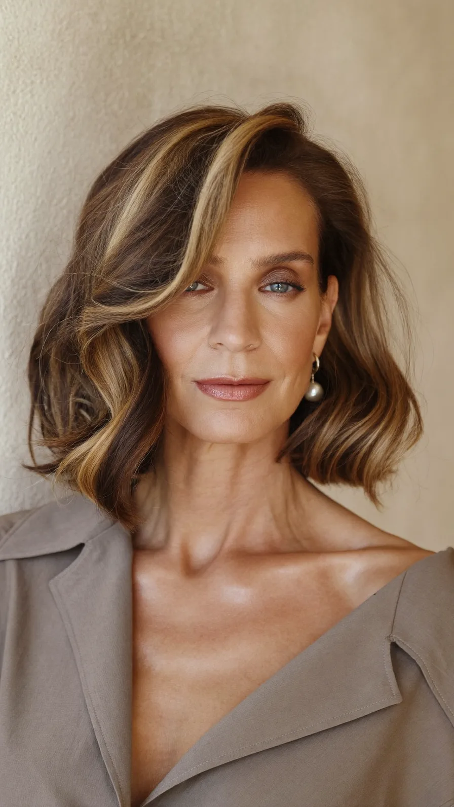Elegant Chin-Length Wavy Bob with Caramel Balayage Highlights