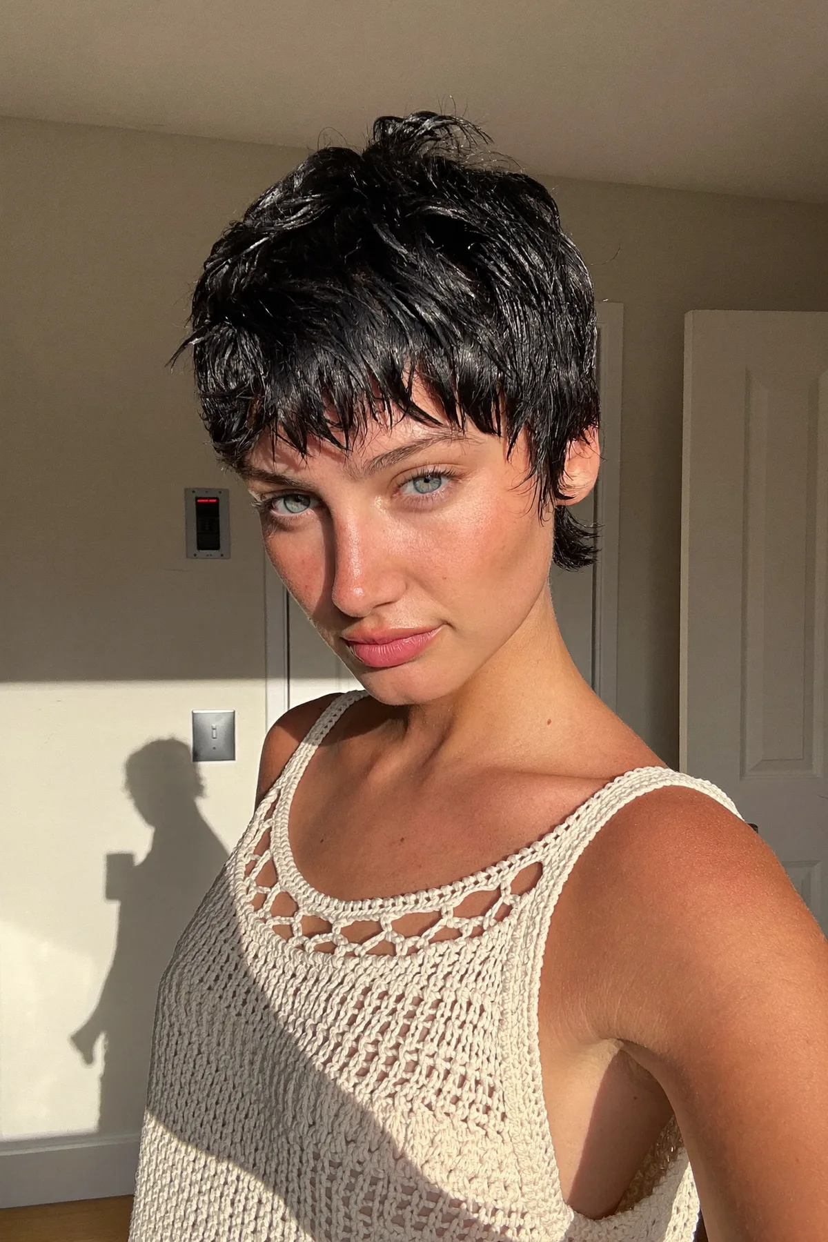 Jet Black Wavy Pixie Cut with Full Fringe Bangs