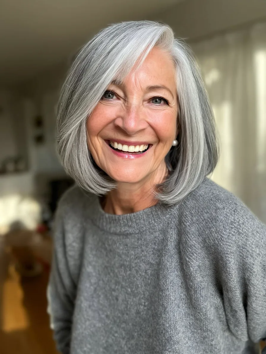 Sophisticated Silver Chin-Length Bob with Side-Swept Bangs