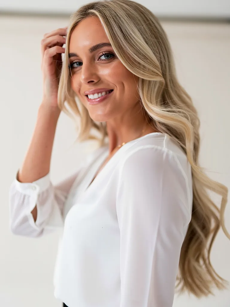 Flowing Layered Waves with Sandy Blonde Balayage