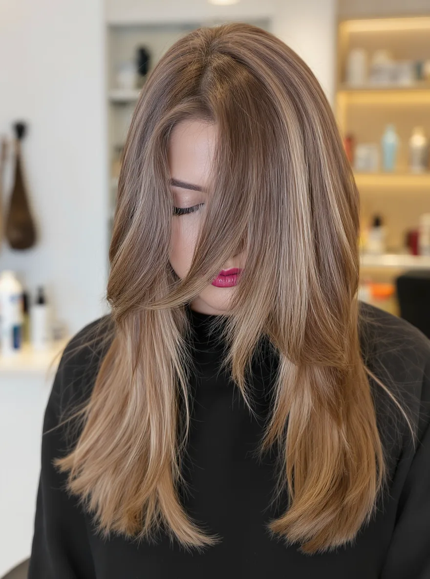 Long Sandy Blonde Layers with Long Bangs