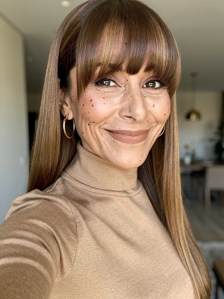 Long Straight Warm Caramel Brown with Blunt Bangs