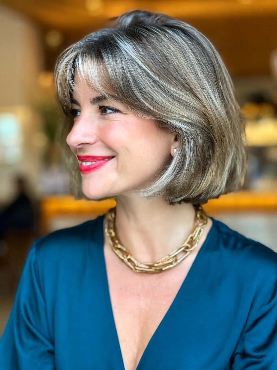Chin-Length Silver Frost Bob with Curtain Bangs