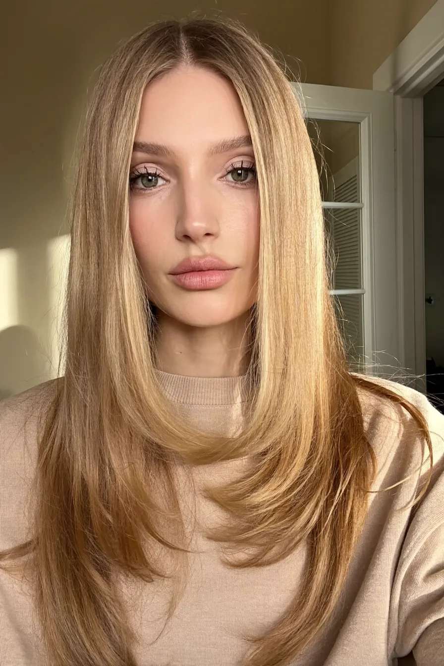Sleek Honey Blonde Long Layered Haircut with Face-Framing Layers