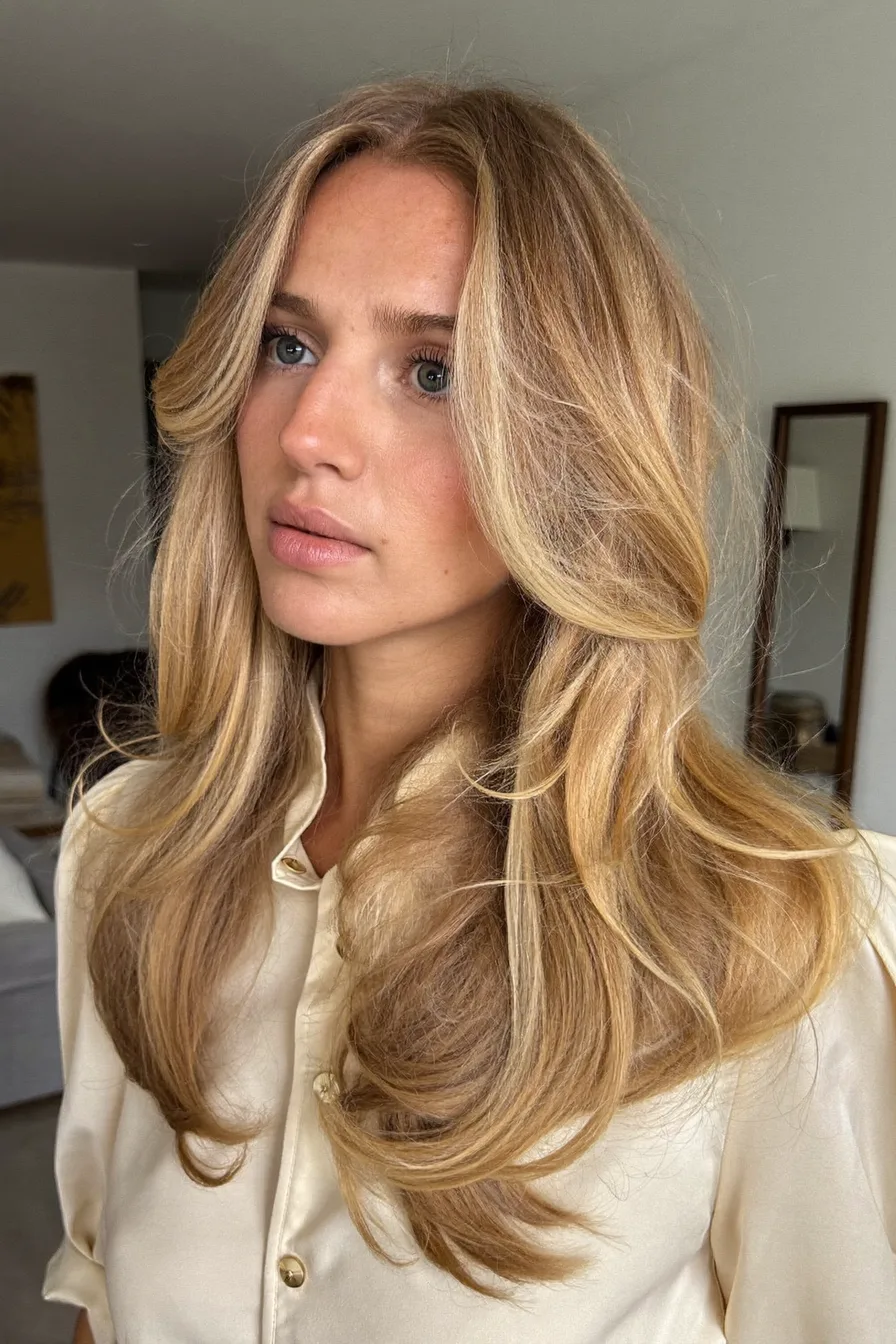 Soft Face-Framing Honey Blonde Long Layered Haircut with Volume