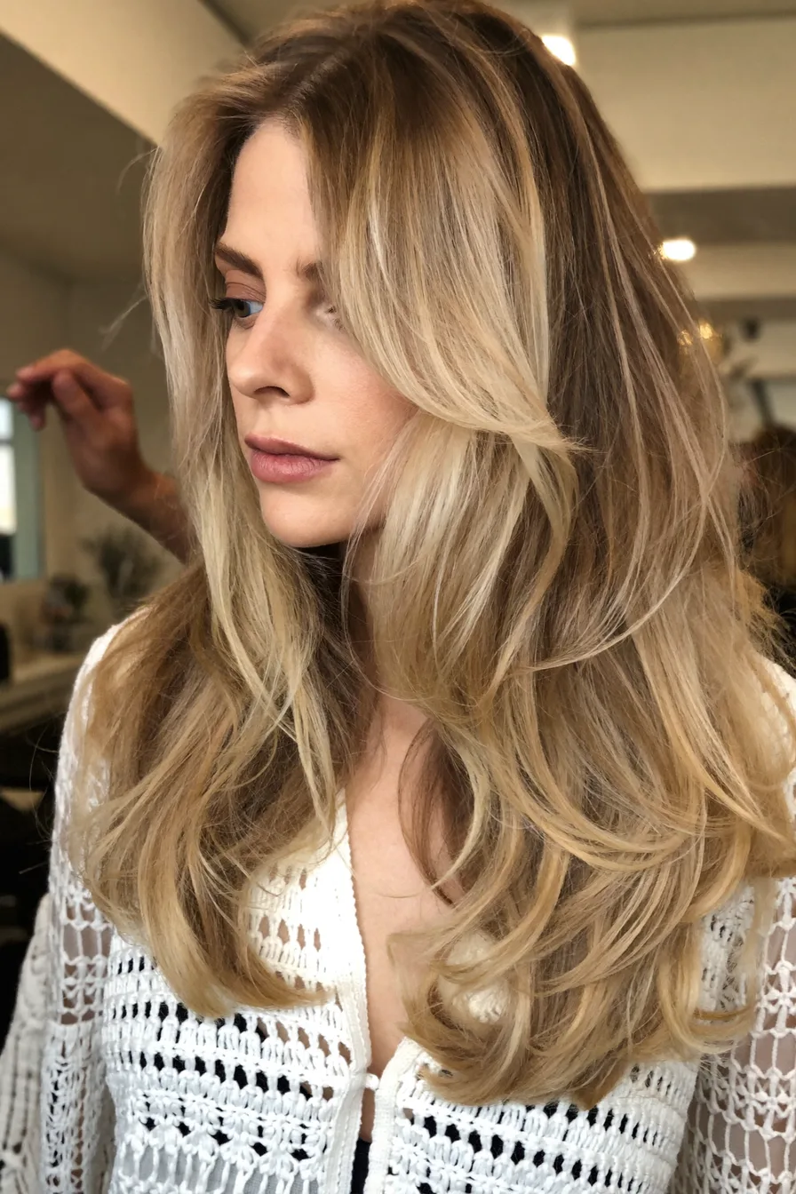 Voluminous Honey Blonde Long Layered Cut with Face-Framing Layers