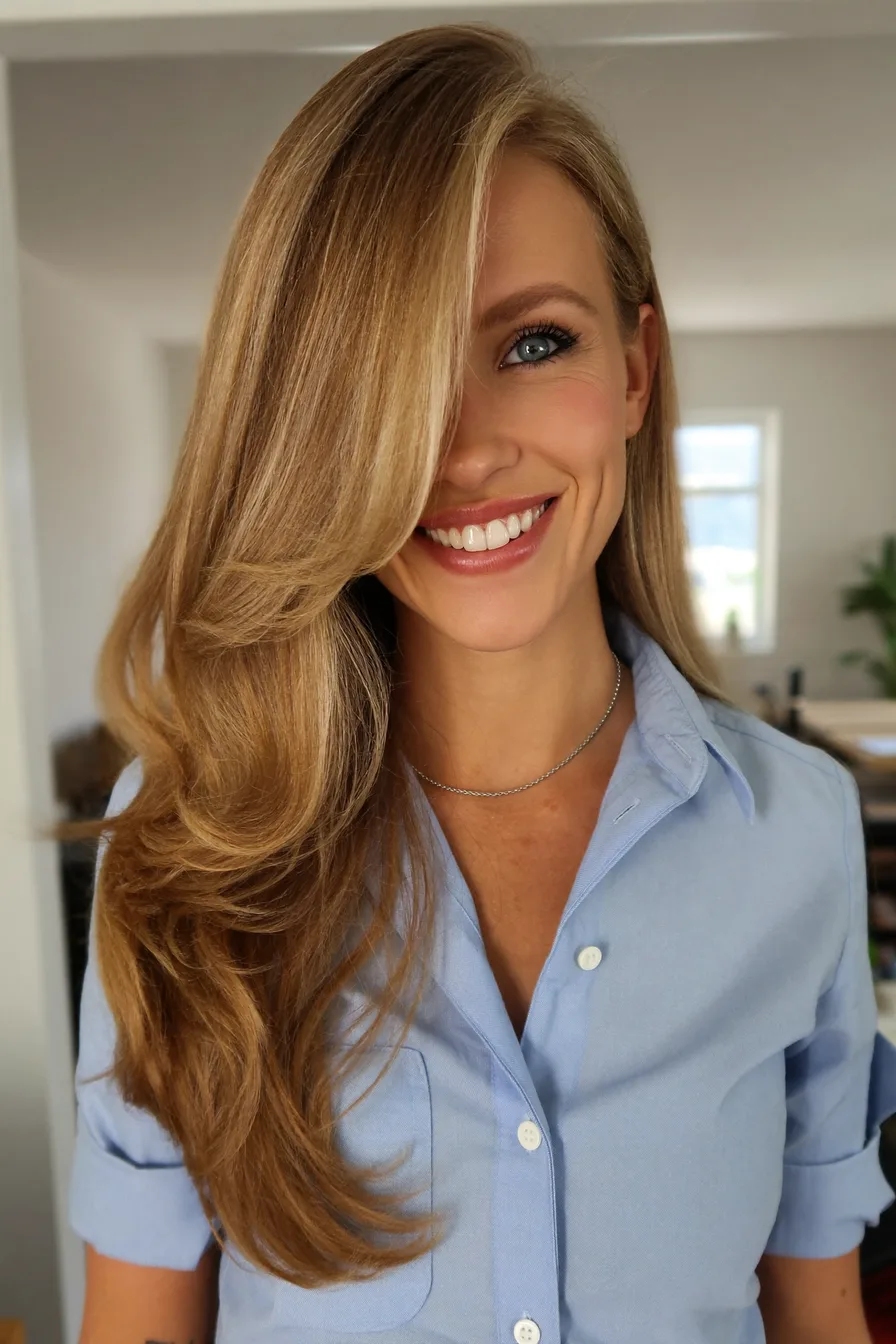 Honey Blonde Long Layered Cut with Voluminous Side Swept Bangs