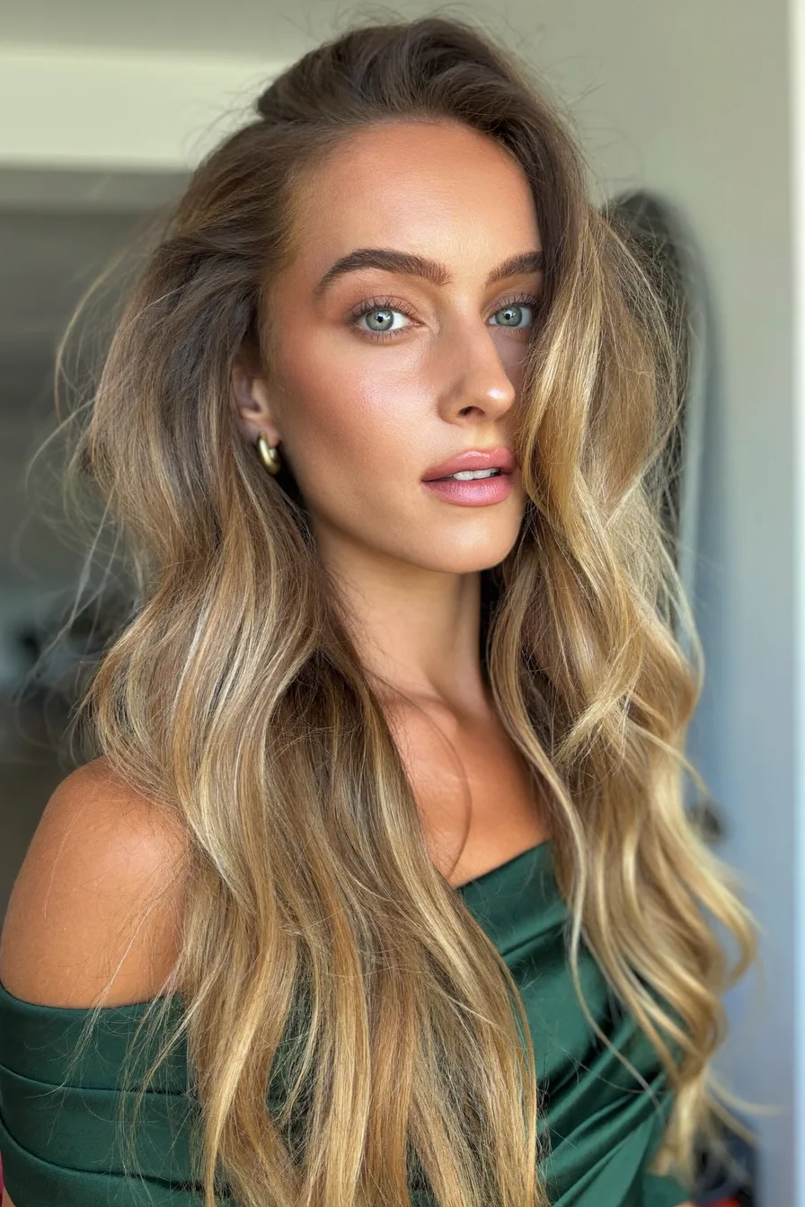 Radiant Honey Blonde Long Layered Waves with Face-Framing Volume