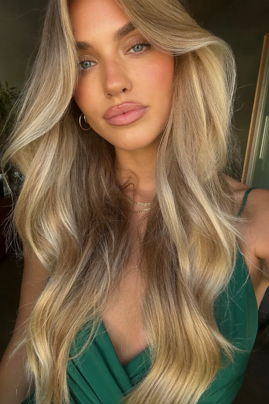 Voluminous Honey Blonde Long Layered Waves with Face-Framing Highlights