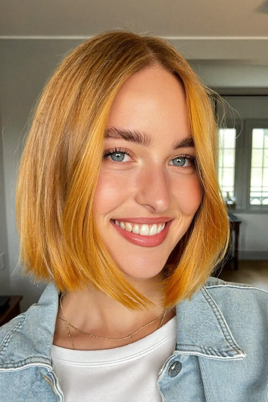 Chin-Length Warm Golden Blonde Blunt Bob Hairstyle