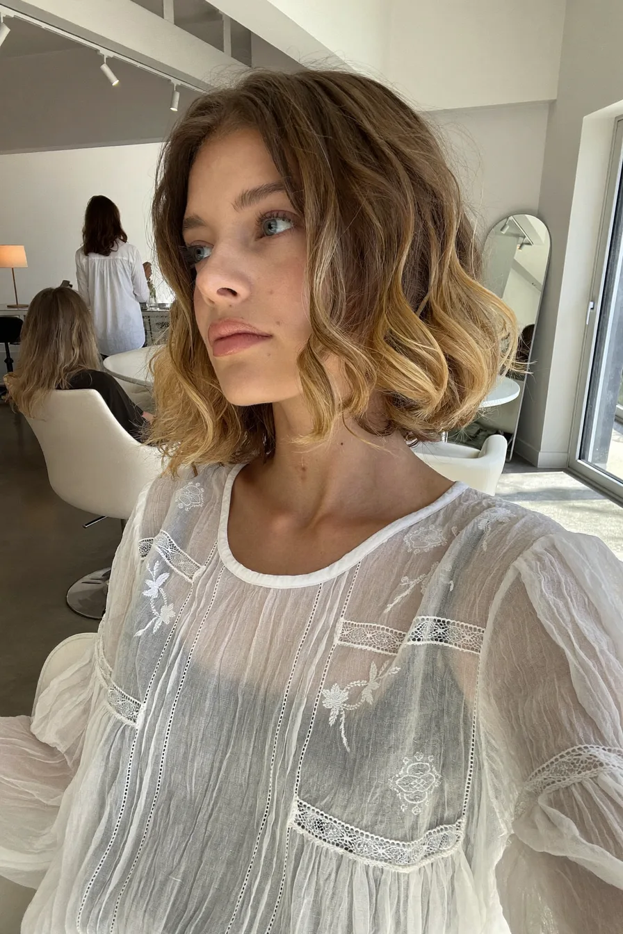 Modern Textured Bob with Warm Honey Blonde Balayage