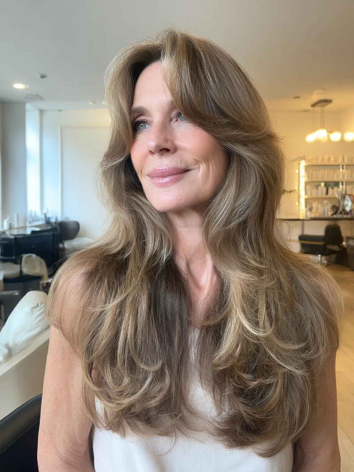 Voluminous Long Layers with Curtain Bangs and Honey Blonde Highlights