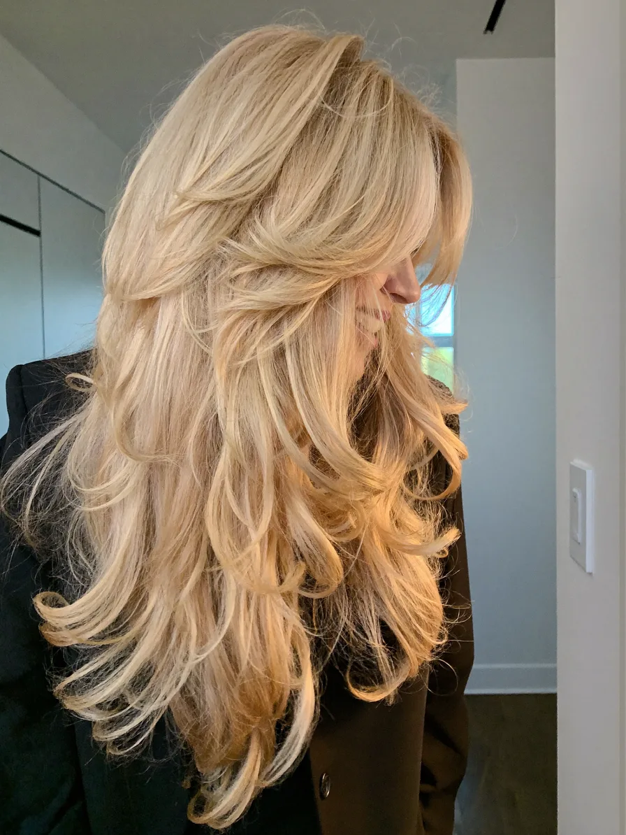 Voluminous Long Layered Hair with Soft Curtain Bangs