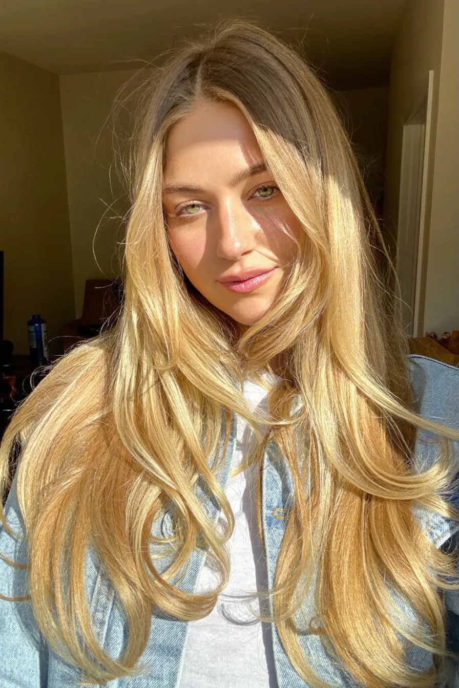 Golden Blonde Long Layered Hair with Flowing Curtain Bangs