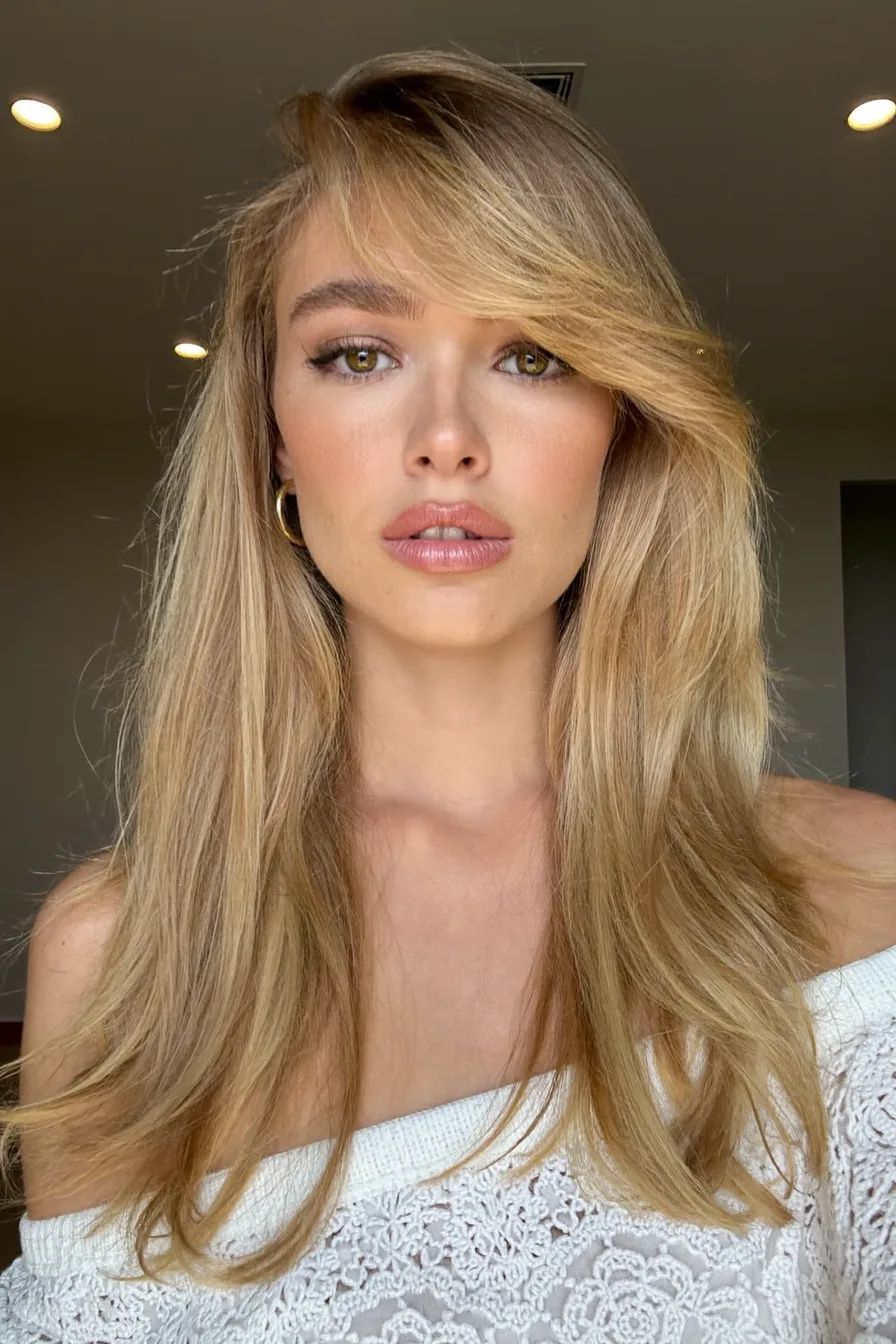 Soft Flowing Long Layers with Face-Framing Curtain Bangs