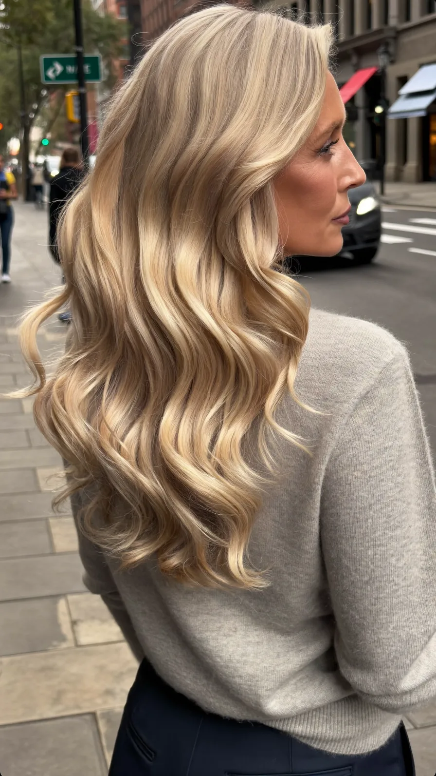 Voluminous Golden Blonde Waves with Long Layered Cut