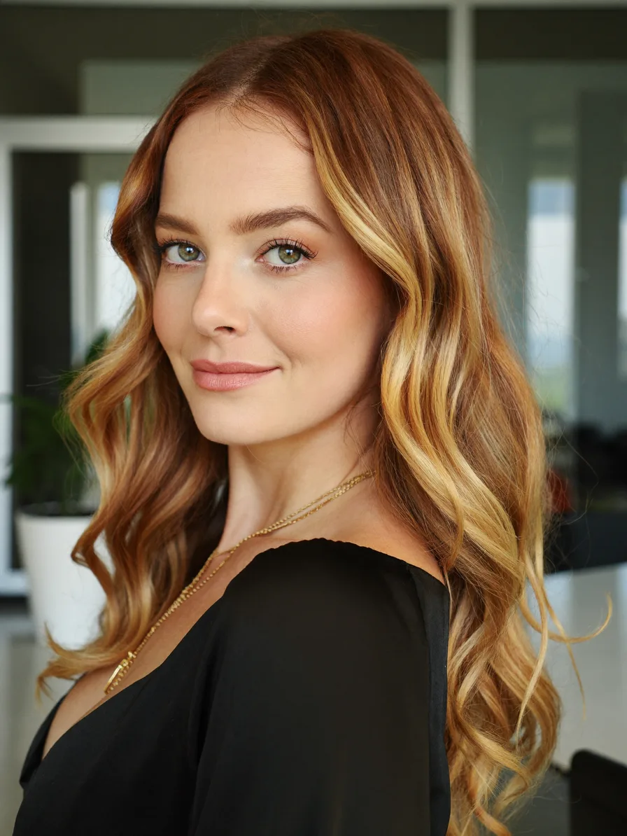 Long Layered Waves with Warm Balayage and Center Parting