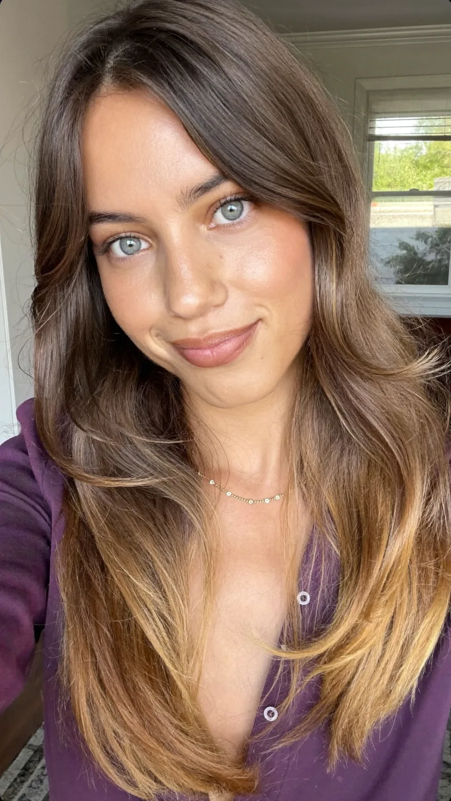 Long Layered Ash Brown Hair with Soft Golden Balayage Ends