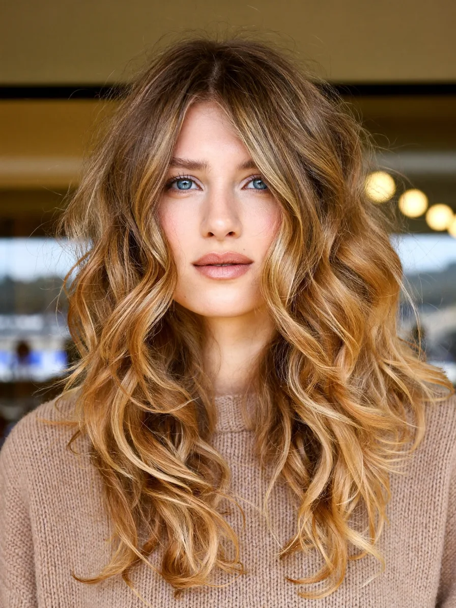 Voluminous Long Layered Waves with Warm Balayage Highlights