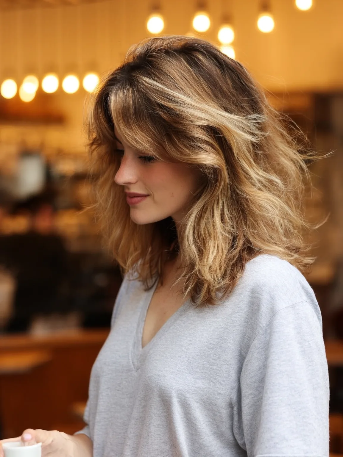 Medium Curtain-Bang Layered Waves with Sun-Kissed Blonde Highlights
