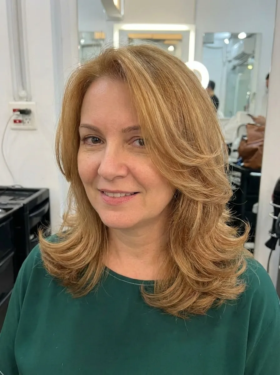 Medium-Length Layered Waves with Side-Swept Bangs