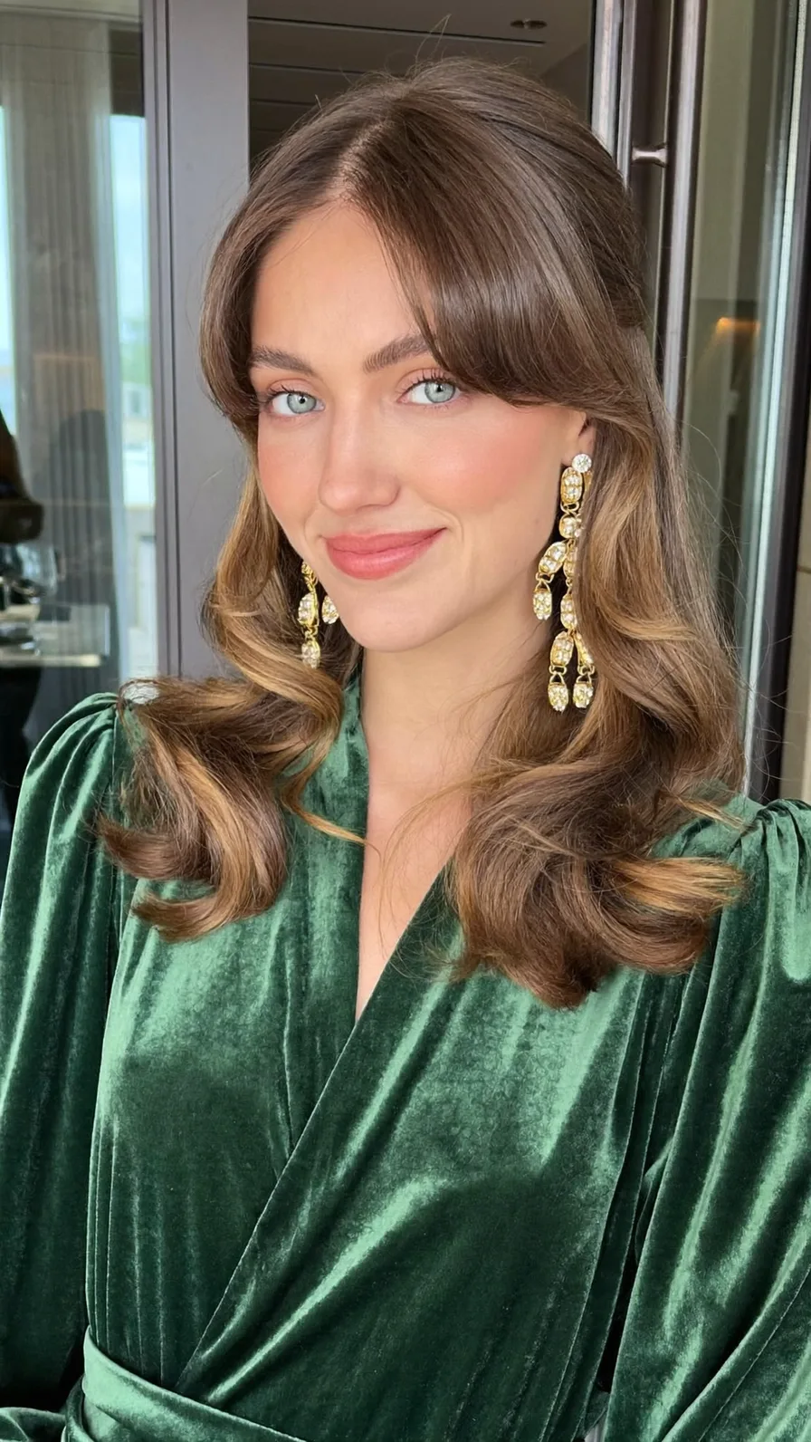 Soft Wavy Shoulder-Length Hair with Curtain Bangs