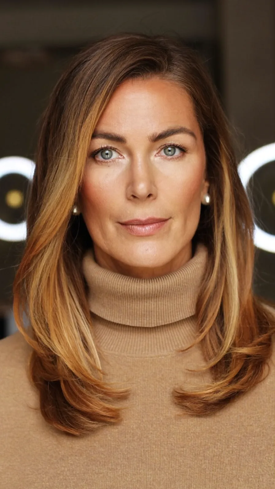 Classic Shoulder-Length Long Layers with Warm Caramel Balayage