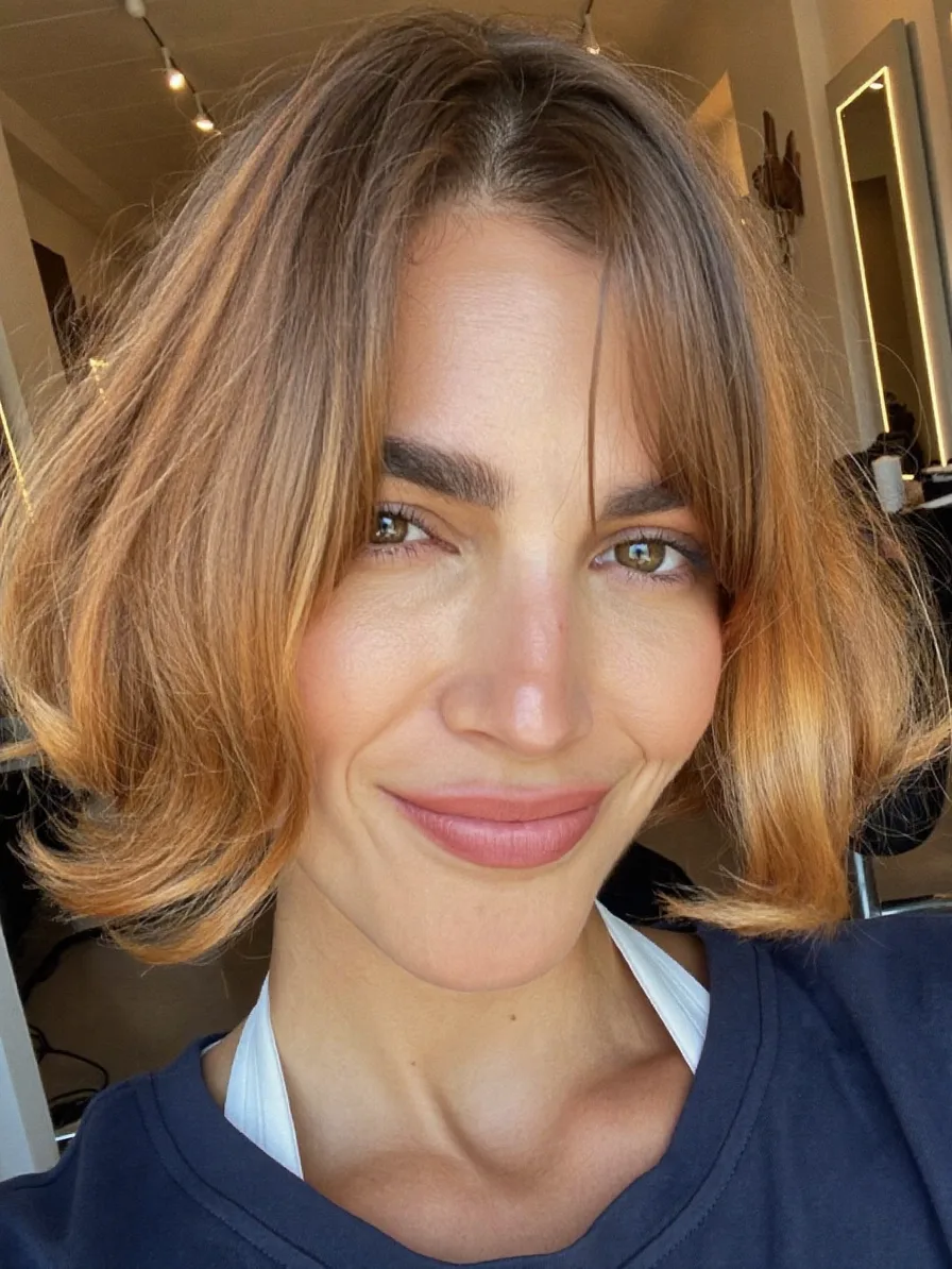 Modern Warm Caramel Bob with Centered Curtain Bangs