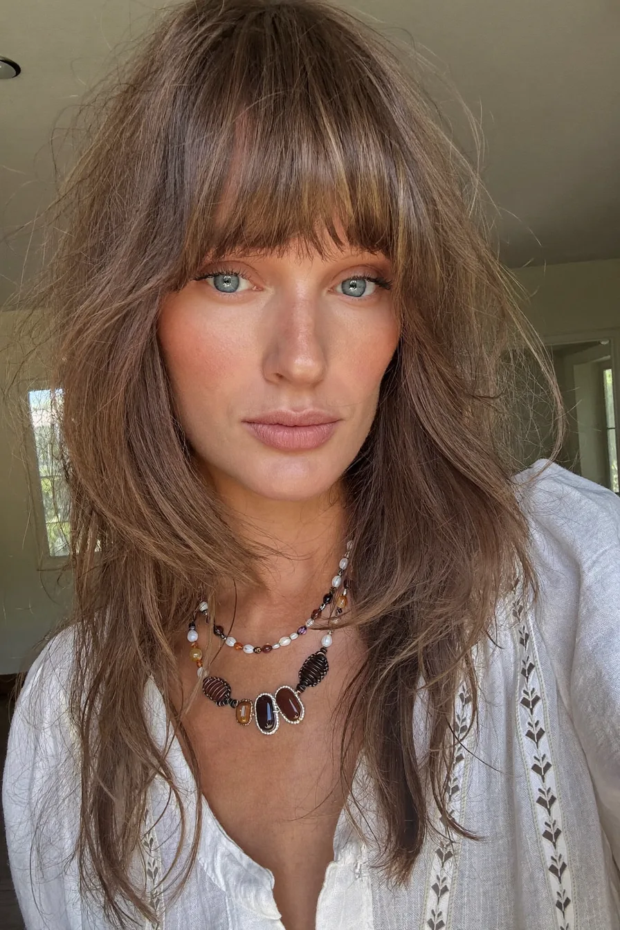 Textured Long Layered Shag with Blunt Curtain Bangs