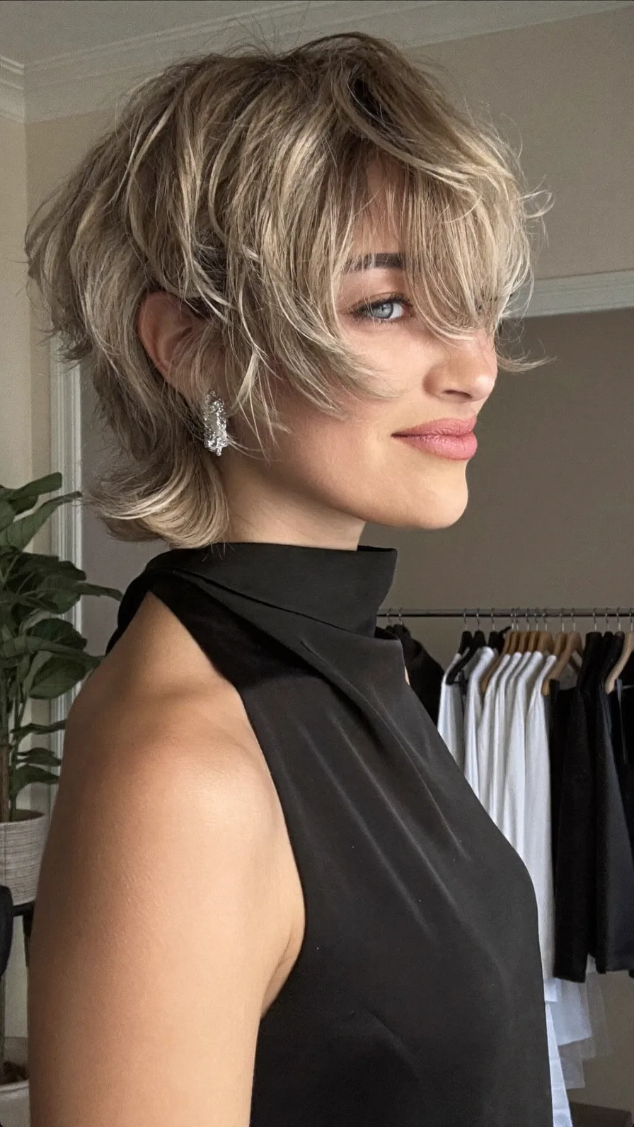 Modern Textured Shag with Side-Swept Bangs and Ash Blonde