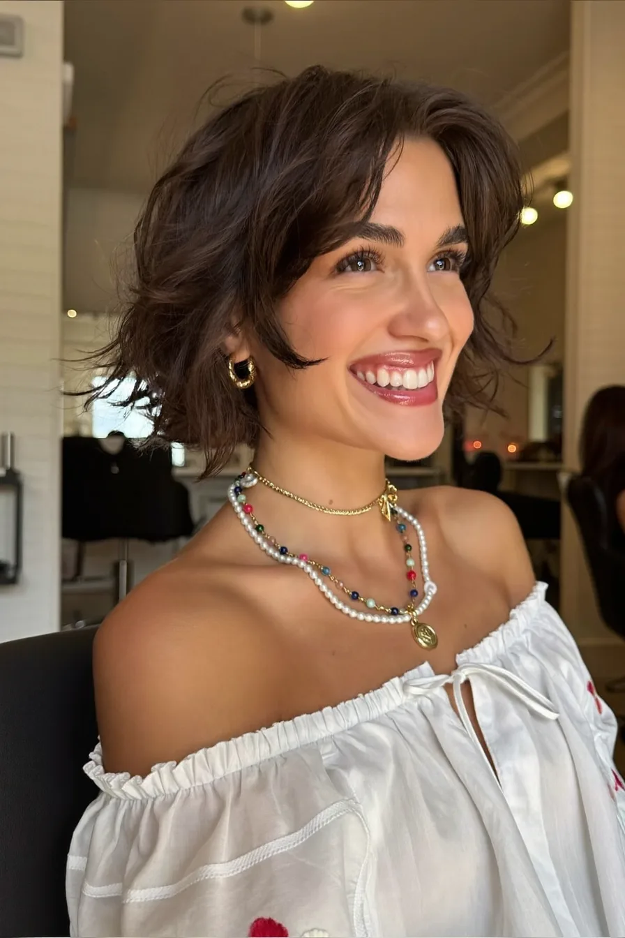 Textured Chin-Length Shag with Curtain Bangs for Women