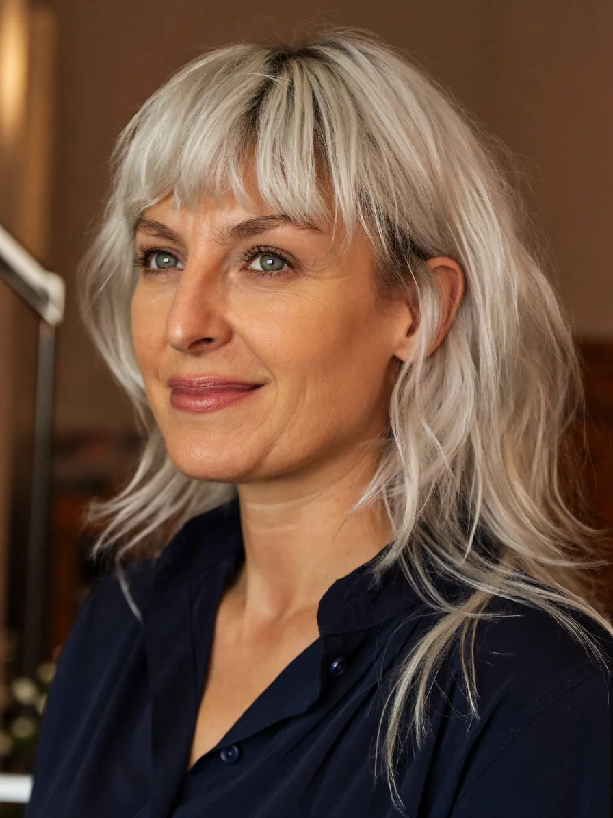 Modern Shag Hairstyle with Wispy Platinum Blonde Bangs